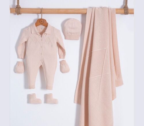 Organic Boy's Newborn Knitwear Set in Beige, Modern Design