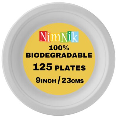Disposable Paper Plates 9 Inch - 125 Heavy Duty White Bagasse Plates - 9" Biodegradable Paper Plates 100% Compostable - Perfect for Party, Picnic, BBQs