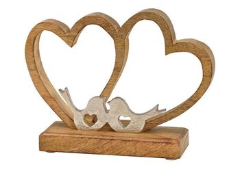 Support double coeur avec oiseau en métal en bois brun (L / H / P) 16x20x6cm