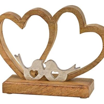 Stand doppio cuore con uccello in metallo in legno marrone (L / A / P) 16x20x6cm