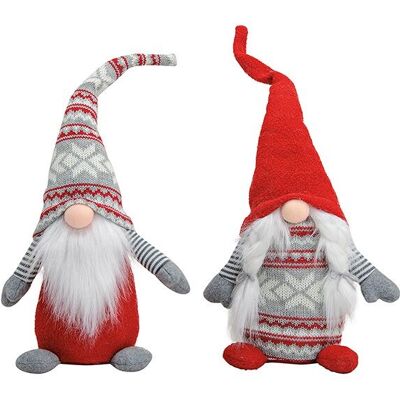 Gnome rouge gris en textile, 2 assortis, L16 x P14 x H45 cm