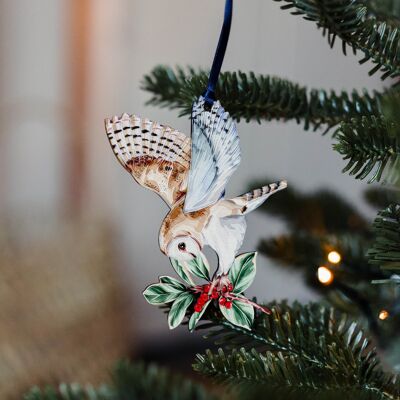 Barn Owl Sustainable Wooden Watercolour Christmas Ornament