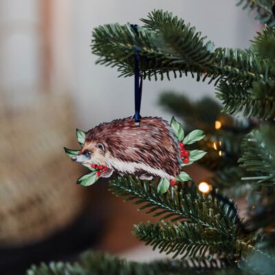 Hedgehog Sustainable Wooden Watercolour Christmas Ornament