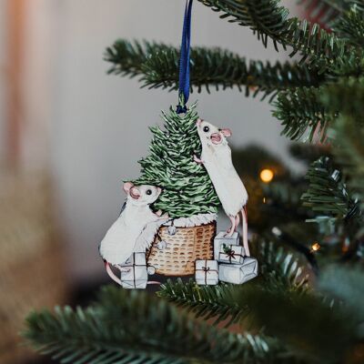 Adorno navideño de acuarela de madera sostenible de ratones