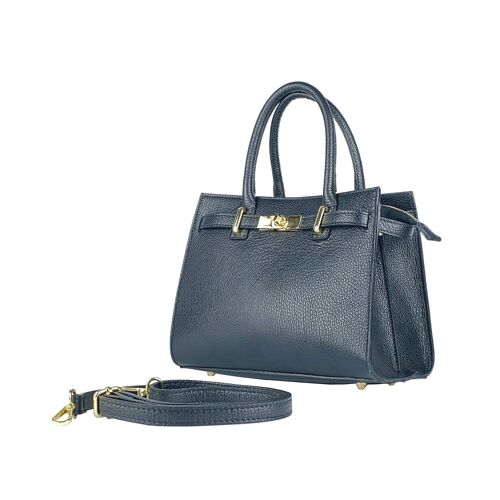 RB1016A | Borsa Donna a Mano in Vera Pelle Made in Italy con tracolla removibile. Attacchi con moschettoni in metallo Oro Lucido - Colore Nero - Dimensioni: cm 28 x 20 x 14 + 12,5