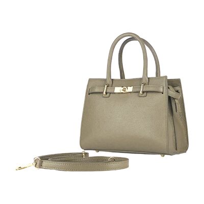 RB1016AQ | Women's handbag in genuine leather Made in Italy with removable shoulder strap. Attachments with shiny gold metal snap hooks - Taupe color - Dimensions: 28 x 20 x 14 + 12.5 cm