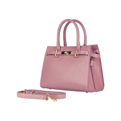 RB1016AZ | Sac à main pour femme en cuir véritable Made in Italy avec bandoulière amovible. Mousquetons en métal Doré Brillant - Coloris Rose Antique - Dimensions : 28 x 20 x 14 + 12,5 cm