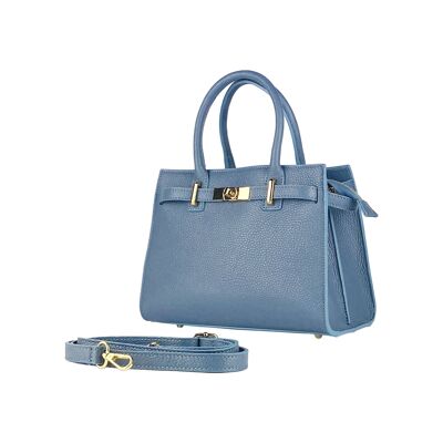RB1016P | Damenhandtasche aus echtem Leder, hergestellt in Italien, mit abnehmbarem Schultergurt. Befestigungen mit Karabinerhaken aus goldglänzendem Metall – Farbe Luftwaffenblau – Maße: 28 x 20 x 14 + 12,5 cm