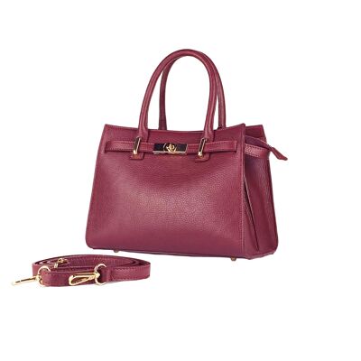 RB1016X | Women's handbag in genuine leather Made in Italy with removable shoulder strap. Attachments with shiny gold metal snap hooks. Bordeaux colour. Dimensions: 28 x 20 x 14 + 12.5 cm