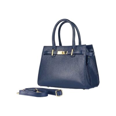 RB1016D | Sac à main pour femme en cuir véritable Made in Italy avec bandoulière amovible. Attaches avec mousquetons en métal doré brillant - Coloris Bleu - Dimensions : 28 x 20 x 14 + 12,5 cm