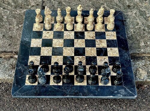 Handmade Marble Chess Set 15" - Black Marble & Fossil Stone/Coral