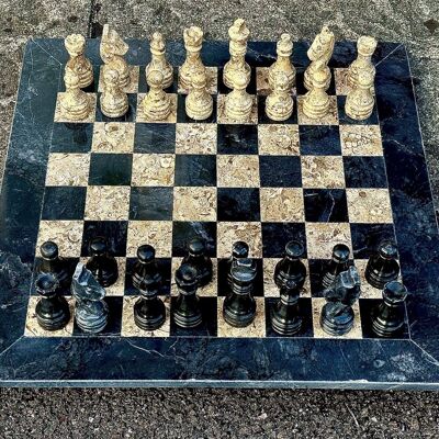 Juego de ajedrez de mármol hecho a mano de 15" - Mármol negro y piedra fósil/coral