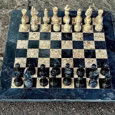 Jeu d'échecs en marbre fait main 15" - Marbre noir et pierre fossile/corail