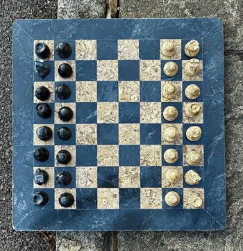 Jeu d'échecs en marbre fait main 15" - Marbre noir et pierre fossile/corail 2