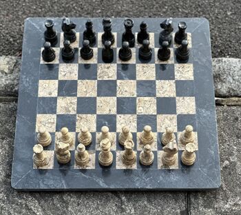 Jeu d'échecs en marbre fait main 15" - Marbre noir et pierre fossile/corail 3