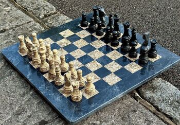 Jeu d'échecs en marbre fait main 15" - Marbre noir et pierre fossile/corail 5