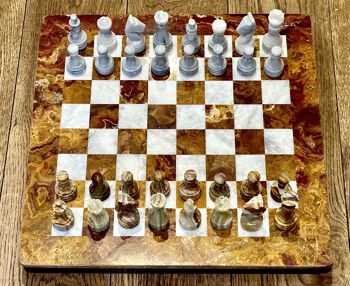 Jeu d'échecs en marbre 15" fabriqué à la main - Onyx marron et fossile/corail 1