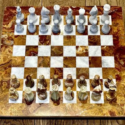 Marmor-Schachspiel 15" handgefertigt - Brauner Onyx & Fossil/Koralle