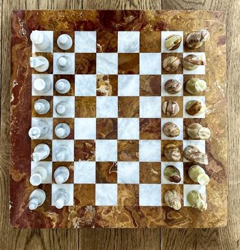Jeu d'échecs en marbre 15" fabriqué à la main - Onyx marron et fossile/corail 3