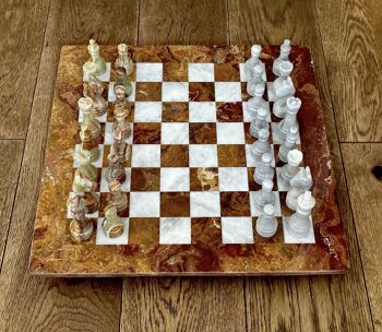 Jeu d'échecs en marbre 15" fabriqué à la main - Onyx marron et fossile/corail 4