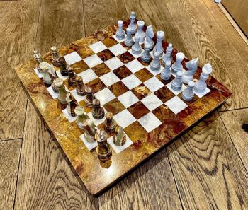 Jeu d'échecs en marbre 15" fabriqué à la main - Onyx marron et fossile/corail 5