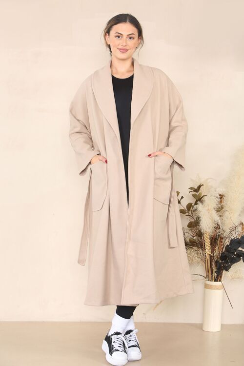 Waist tie women's coat with deep pockets and shawl lapel