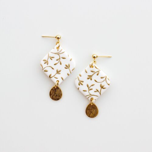 Floral Gold Leaves White Polymer Clay Earrings, "VICTORIA"