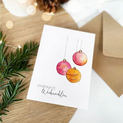 Cartolina di Natale - Palline per albero di Natale | Acquerello | Biglietto d'auguri