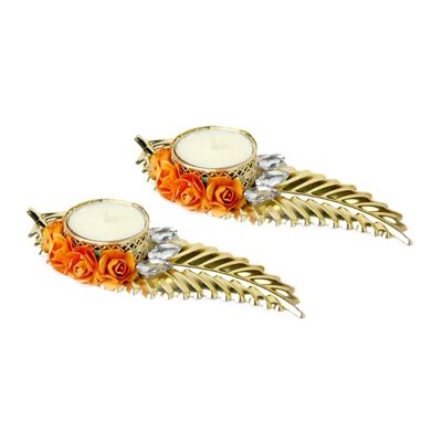 Leaf Tea Light Candle Holder - Orange Set of 2