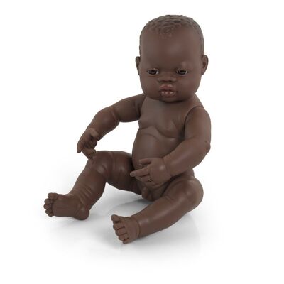 Miniland Dolls: AFRICAN BABY BOY DOLL 40cm, vanilla scented, waterproof, gendered doll, in resin. Made in Spain, 10m +