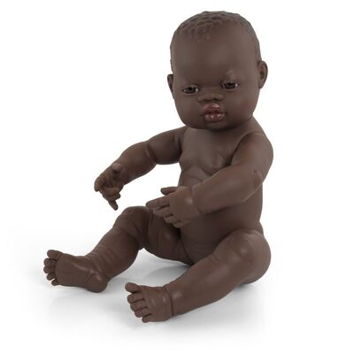 Miniland Dolls: AFRICAN BABY GIRL DOLL 40cm, vanilla scented, waterproof, gendered doll, in resin. Made in Spain, 10m +