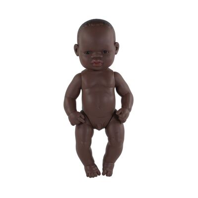 Miniland Dolls: AFRICAN BABY BOY DOLL 32cm, vanilla scented, waterproof, gendered doll, in resin. Made in Spain, 10m +