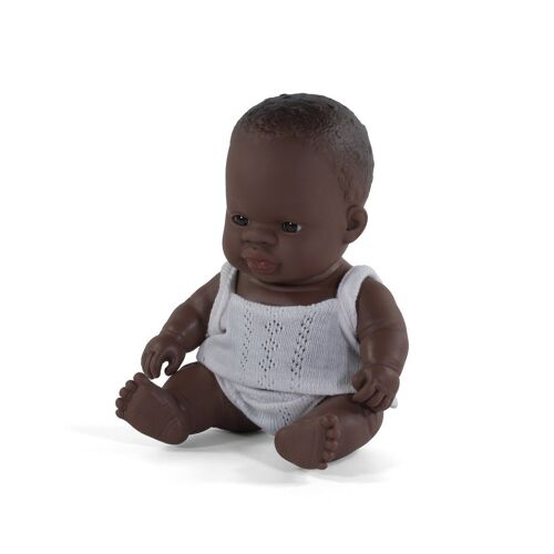 Miniland Poupées: POUPEE BEBE GARCON AFRICAIN 21cm, parfumée vanille, imperméable, poupée sexuée, en résine en boîte cadeau. Made in Spain, 10m+