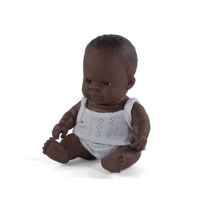 Miniland Dolls: MUÑECO BEBÉ NIÑO AFRICANO 21cm, perfumado vainilla, impermeable, muñeca sexual, en resina en caja de regalo. Fabricado en España, 10m +