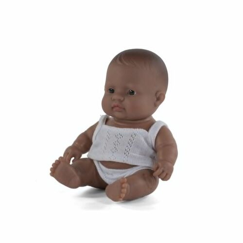 Miniland Poupées: POUPEE BEBE GARCON LATINO-AMERICAIN 21cm, parfumée vanille, imperméable, poupée sexuée, en résine en boîte cadeau. Made in Spain, 10m+