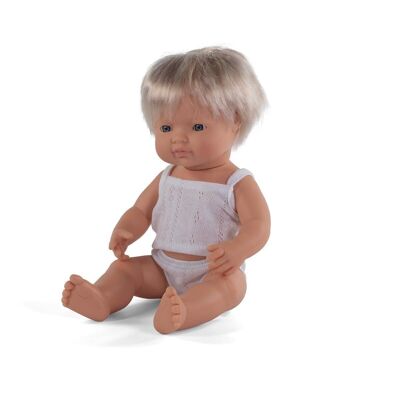 Miniland Dolls: MUÑECO NIÑO EUROPEO 38cm, perfumado vainilla, impermeable, muñeca sexual, en resina, en caja de regalo. Fabricado en España, 10m +