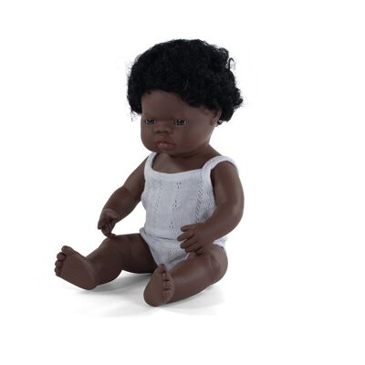 Miniland Dolls: AFRICAN BOY DOLL 38cm, con aroma de vainilla, impermeable, muñeca sexual, en resina, en caja de regalo. Fabricado en España, 10m +