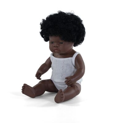 Miniland Dolls: AFRICAN GIRL DOLL 38cm, vanilla scented, waterproof, gendered doll, in resin, in gift box. Made in Spain, 10m +