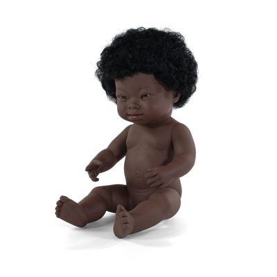 Miniland Dolls: AFRICAN GIRL DOLL with DOWN SYNDROME 38cm, vanilla scented, waterproof, gendered doll, in resin, in gift box. Made in Spain, 10m +
