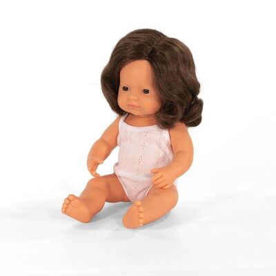 Miniland Dolls: MUÑECA BRUNETTE GIRL 38cm, perfumada vainilla, impermeable, muñeca sexual, en resina, en caja de regalo. Fabricado en España, 10m +