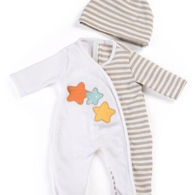 Miniland Dolls: beige gestreifter Pyjama, für 40cm Neugeborene Puppe, in Plastiktüte mit Garderobe, 3+