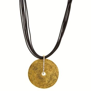 Collier ruban multirangs avec pendentif, noir et doré 1