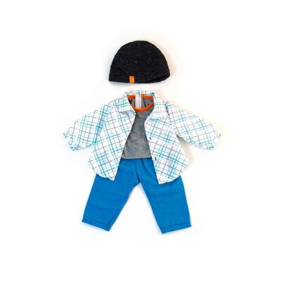 Miniland Dolls: SET ABBIGLIAMENTO bambino blu 38-40cm, 4 pezzi, pantaloni, camicia, t-shirt e cappello, in busta di plastica con appendiabiti, 3+