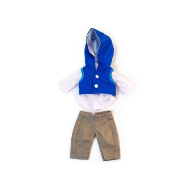 Miniland Poupées: ENSEMBLE de VÊTEMENTS bleu pour garçon 32cm, 3 pièces, dans un sac  plastique avec porte-manteau, 3+