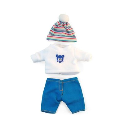 Miniland Dolls: CONJUNTO DE ROPA azul / blanco para niño 21cm, 3 piezas, jersey, pantalón y gorro, en bolsa de plástico con perchero, 3+