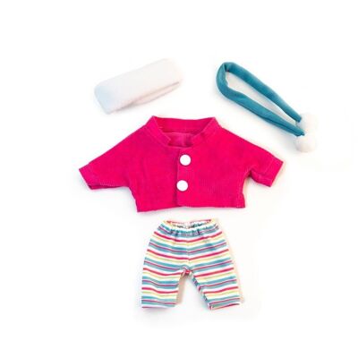 Miniland Dolls: CONJUNTO DE ROPA rosa para meisje 21cm, 4 piezas, pantalón, chaqueta, cinta y bufanda, en bolsa de plástico con perchero, 3+
