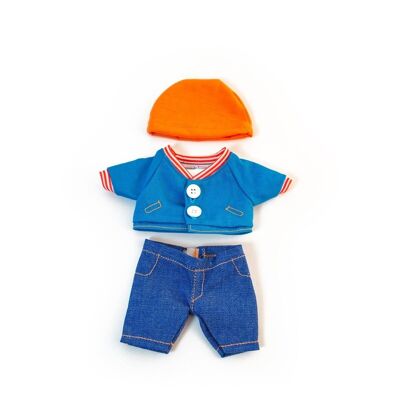 Miniland Dolls: KLEIDUNGSSET blau für Jungen 21cm, 3-teilig, Pullover, Hose und Mütze, in Plastiktüte mit Garderobe, 3+