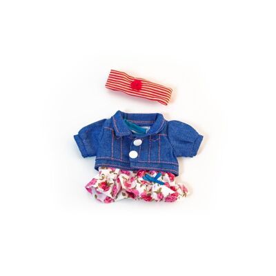 Miniland Dolls: CLOTHING SET blue / red for meisje 21cm, 3 pieces, shorts, polo shirt and ribbon, in plastic bag with coat rack, 3+