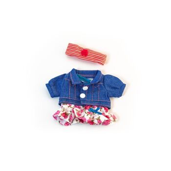 Miniland Poupées: ENSEMBLE de VÊTEMENTS bleu/rouge pour meisje 21cm, 3 pièces, short,  polo et ruban, dans un sac plastique avec porte-manteau, 3+