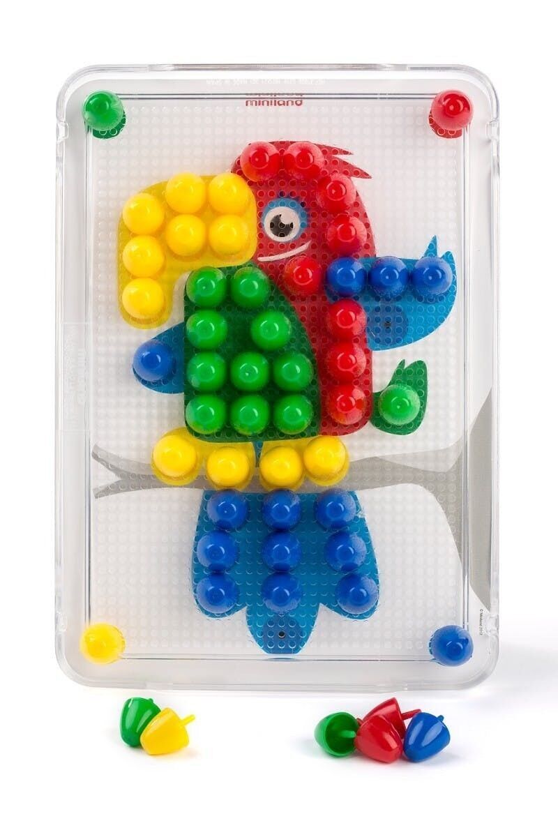 Miniland Mozaïque: Clavijas MOZAIQUE 20mm, con tablero + 6 hojas + 100 clavos, en caja con asa. Fabricado en España, 3+